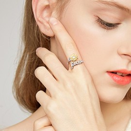 Faith Ring Sunflower Rings for Women, 925 Sterling Silver You are My Sunshine CZ Ring Faith Adjustable Open Band Rings Sunflower Jewelry Gifts for Women Size 7-8