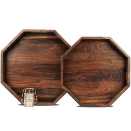 MAGIGO Set of 2 Large Octagonal Black Walnut Wood Ottoman Tray with Handles, Serve Tea, Coffee, Classic Wooden Circular Decorative Serving Tray, 14 &12 inches