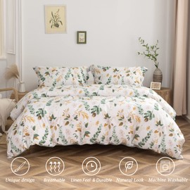 MILDLY Farmhouse Duvet Cover Set - 100% Washed Cotton Garden Flower Printed Bedding Set Queen Size Soft Breathable Comforter Cover with Zipper Ties