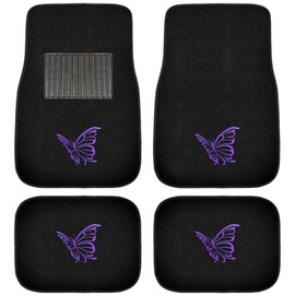 A Set of 4 Universal Fit Front and Rear Logo Plush Carpet Floor Mats - Purple Butterfly
