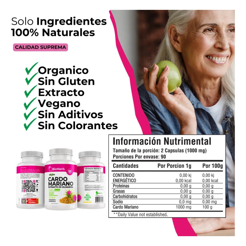 Cardo Mariano 100% Puro Extracto De Silimarina Bioherb 180 Cápsulas