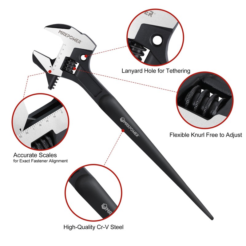 MAXPOWER 16-inch Adjustable Construction Spud Wrench, 4 in 1 Multifunctional