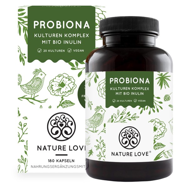 Nature Love Probiona Cultures Complex - 18 Bacterial Strains + Bio Inulin. 180 gastro-resistant capsules. Includes: Lactobacillus, bifidobacterium. Vegan, high dosage, made in Germany.