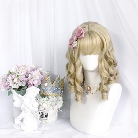huafan luxkazya Short Wavy Wig with Bangs for Women Girl Sweet Lolita Wigs Synthetic Wigs for Daily Party Use (Gold)