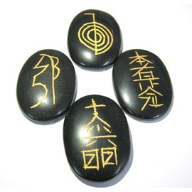 Usui Reiki Symbol Carved Black Agate Four Stone Set Crystal Healing Wellness Reiki Feng Shui