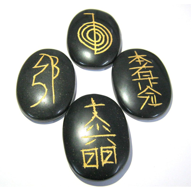 Usui Reiki Symbol Carved Black Agate Four Stone Set Crystal