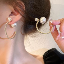 Wendalern Rhinestone Gold Hoop Earrings Large CZ Diamond Hoop Earrings Faux Pearl Front Back Earrings Elegant Pearl Hoop Earrings Vintage Pearl Ear Jacket Earrings Bridal Jewellery for Women Girls,