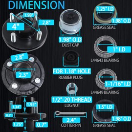 iBroPrat 1 Sets Trailer Hub Kit 4 Bolt 4, Trailer Axle Kit for 2000 lb 4 Lug Trailer Hub Fits 1" and 1-1/16" Spindle with Extra Dust Cap and Rubber Plug