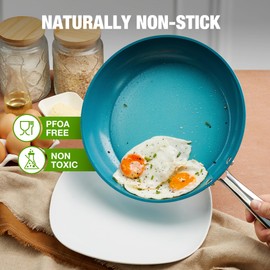 HLAFRG 12 Inch Nonstick Frying Pan with Lid, Ceramic Skillet, Omelet Pan, Less Oil for Health Cooking,12 inch Small Pan with Heat-Resistant Handle,All Stoves Compatible, Cyan