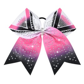DEEKA 1 PCS 8" Large Glitter Cheer Bows with Iridescent Rhinestones Colorful Stiff Hair Elastic Band Ponytail Holder for Cheerleader Girls Sports (White/Pink/Black)