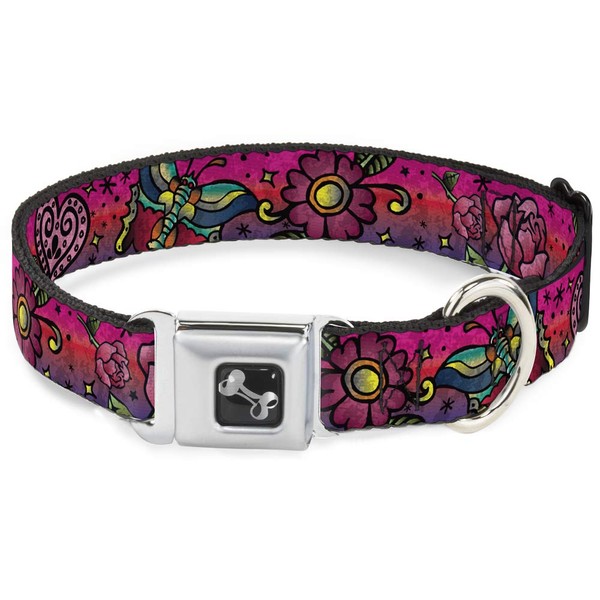 Buckle-Down Seatbelt Buckle Dog Collar - Love Kills CLOSE-UP Pink - 1" Wide - Fits 15-26" Neck - Large