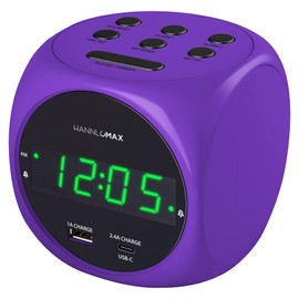 HANNLOMAX HX-702C Digital Clock with Dual Alarm and Dual USB Ports (USB-A & Type-C) for Charging (Purple)