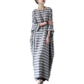 LUZU JUNU Women Cotton Linen Caftan Robe Striped Casual Loose Bat Sleeve Long Maxi Dress(US, Alpha, Medium, Regular, Regular, Grey)