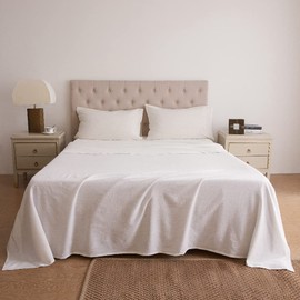 HOMICIA Stonewashed Linen Sheets Set- King Linen Bed Sheet, 4 Pcs Breathable Cotton Bed Sheets, Linen Cotton Sheets for All Seasons(Off-White,King)