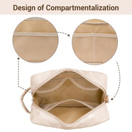 MAGEFY Makeup Bag, Checkered Travel Cosmetic Bag with Handle Leather Makeup Pouches for purse Make Up Bag Cute Makeup Bags for Women,Beige