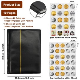 250 Pockets Coin Collection Book,Coin Collecting Storage,21.8x16.8cm Coin Collection Coin Album,PU Leather Cover Coin Collection Holder Book, PVC 10 Pages Coin Sleeves for Coins,Stamps,Medallions