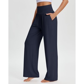 Stelle High Waisted Wide Leg Pants for Women Soft Elastic Waist Lounge Pants Long Length Pilates Yoga Pants Navy Medium