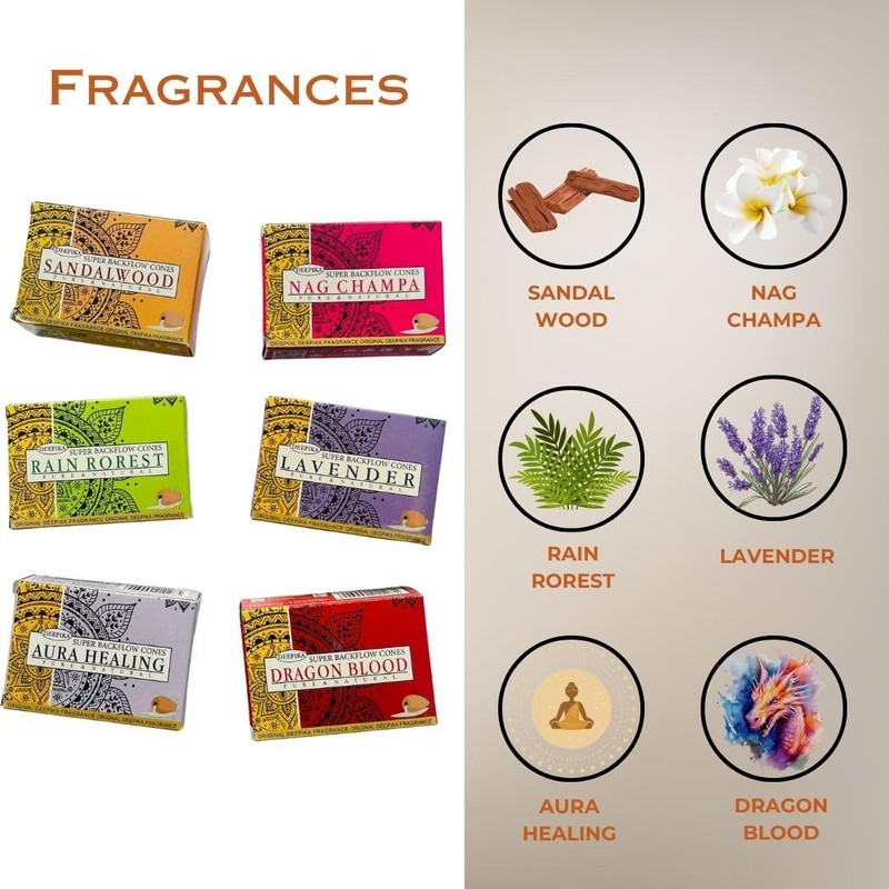 Deepika Premium Assorted Incense Backflow Cones 12 packs x 10