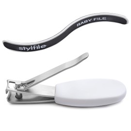 STYLFILE Nipper Clipper with Safety Spy Hole & Curved Baby S-File - Stainless Steel Toddler Manicure Set Designed for Infants Tiny Nails White