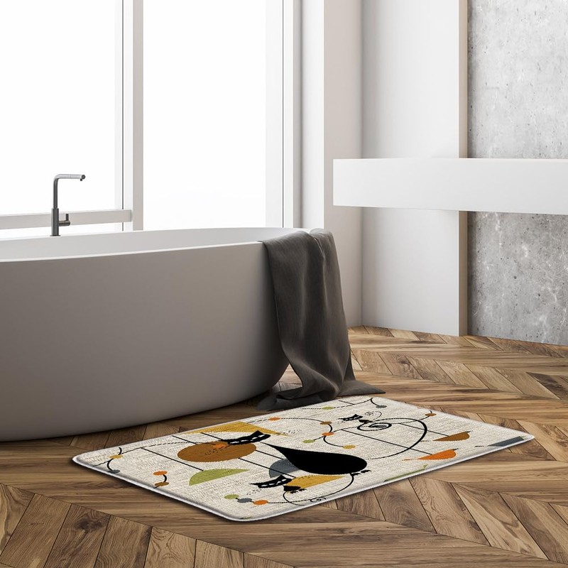JIRGIXA Mid Century Atomic Cat Bath Mat Retro Atomic Black