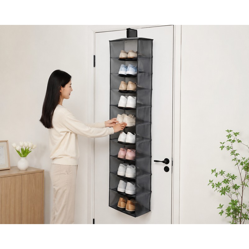 10-Layer Hanging Shoe Organizer for Closet Storage – Collapsible Polyester
