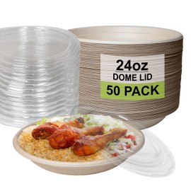 [50 Pack] 24 oz Round Disposable Compostable Paper Bowls with Dome Lids Heavy-Duty, Eco-Friendly Natural Bagasse Unbleached, Heat Resistant, 100% Biodegradable Salad Bowls Alternative to Plastic