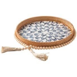 14'' Round Rattan Tray Home Decor with Wood Bead Garland, Wicker Serving Tray with Mother of Pearl Inlay, Boho Decorative Tray for Coffee Table, Display, Ottoman, Kitchen Table, Bathroom(Coastal Blue)