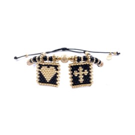 SIFRIMANIA Adjustable Beaded Scapular Medal Duo Black Bracelet, Color Glass Seed Beads, Handwoven with Heart and Cross Symbols.