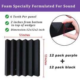 KTOESHEO 24 Pack Acoustic Panels,2" x 12" x 12"Sound Proof Foam Panels for Wall,Fireproof Absorbing Noise Cancelling Panels,to Absorb Noise and Eliminate Echoes. (12 Purple+12 Black)