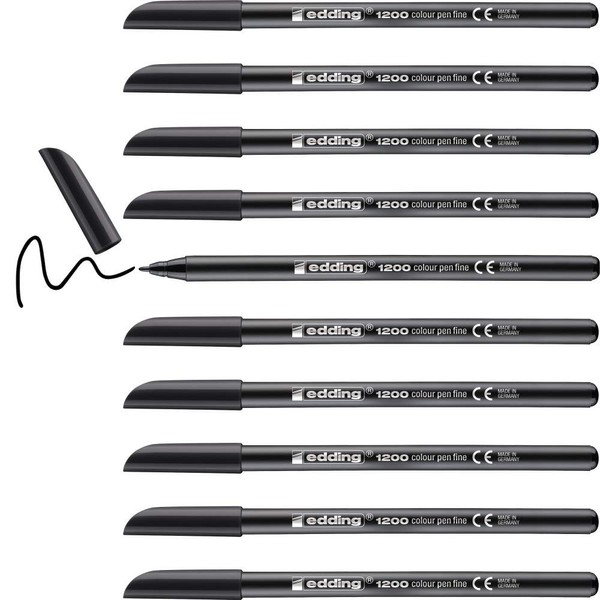 edding 1200 colour Pen Fine - Black - 10 Pens - Round Tip 1 mm - Felt-Tip Pen for Drawing and Writing - for school or mandala