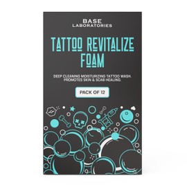 Base Laboratories Tattoo Revitalize Foam | Gel-to-Foam Antibacterial Tattoo Aftercare Soap | Deep Cleansing, Moisturizing & Healing for Fresh & Scabbed Tattoos with Chamomile & Aloe Vera | 12 Packets