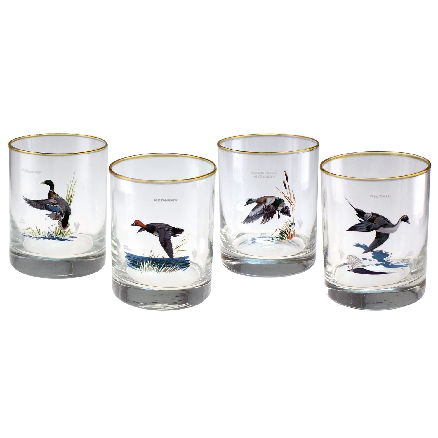 Culver Ned Smith 22k Gold Rim Waterfowl DOF Double Old-Fashioned Glasses, 13.5-Ounce, Assorted Set of 4