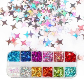 12 Colors Nails Art Glitter Sequins Four-Pointed Star Laser Nail Flakes Confetti Sticker Confetti Holographic Gradient Nails Charms Shining Gel Decoration DIY Acrylic Nail Supplies for Women Girl