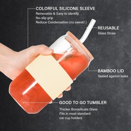 DAMCONME Glass Cup with Lid and Straw 1Pack,Glass Cup for Iced Coffee,Smoothie,Beer,Cocktail,Juice,Matcha-16 oz Bamboo Lid,1 Brush(Pale Yellow)