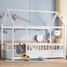 Twin Size House Bed with High Fence for Kids,Twin Floor Bed Frame, Kids Montessori Bed Twin Size,Solid Wood House Bed Frame for Boys,Girls,White