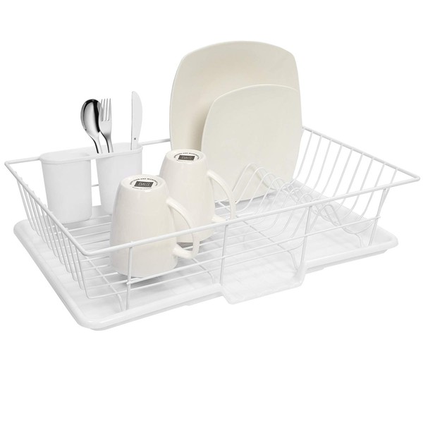 Sweet Home Collection 3 Piece Dish Drainer Rack Set with Drying Board and Utensil Holder, 12" x 19" x 5", White