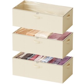 SpaceAid 3 Pack 10" High Under Bed Storage Containers, Large Underbed Storage Organizer Bins with Lids for Bedroom, Dorm, Clothes, Closet Organization, Bed Sheets and Blankets (Beige)