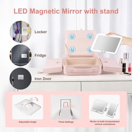 BEAUTY CASE Makeup Case with LED Light & Magnetic Mirror, 12 Inch Portable Travel Cosmetic Organizer Bag with 3 Partitions, Rechargeable, Large Capacity, Bright Lighting, Gift for Women Girls, Pink