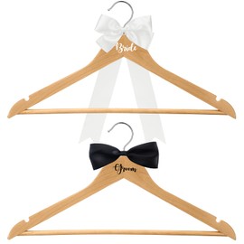 FillTouch 2 Pack Bride Hanger Groom Hanger Wedding Hangers with Ribbon Bow for Wedding Dress Suit Bride Gift(Wood Color,Classic)