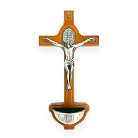 GCK St Benedict Brown Cross Crucifix Holy Water Font Silver Toned Corpus Jesus Christ Religious Gift