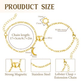 XSDSLS 2 Pcs Heart Matching Magnetic Bracelets Stainless Steel Moon Sun Couple Bracelet Silver Gold Link Chain Bracelet Friendship Bracelet Magnetic Couple Bracelet Gifts for Couple Lover (Gold)
