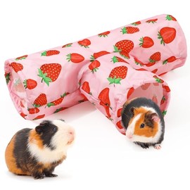 JarThenaAMCS - Túnel de conejillo de indias lavable de 3 vías, túnel de conejo plegable de fresa rosa, juguete de animales pequeños, para conejo, hámster, chinchilla, hurón