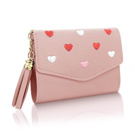 FuninCrea Small Ladies Purse PU Leather Wallet for Women with 4 Card Slots and ID Window, Womens Purse Short Small Purses for Women with Tassel Decoration and Embroidery Heart Pattern (Pink)