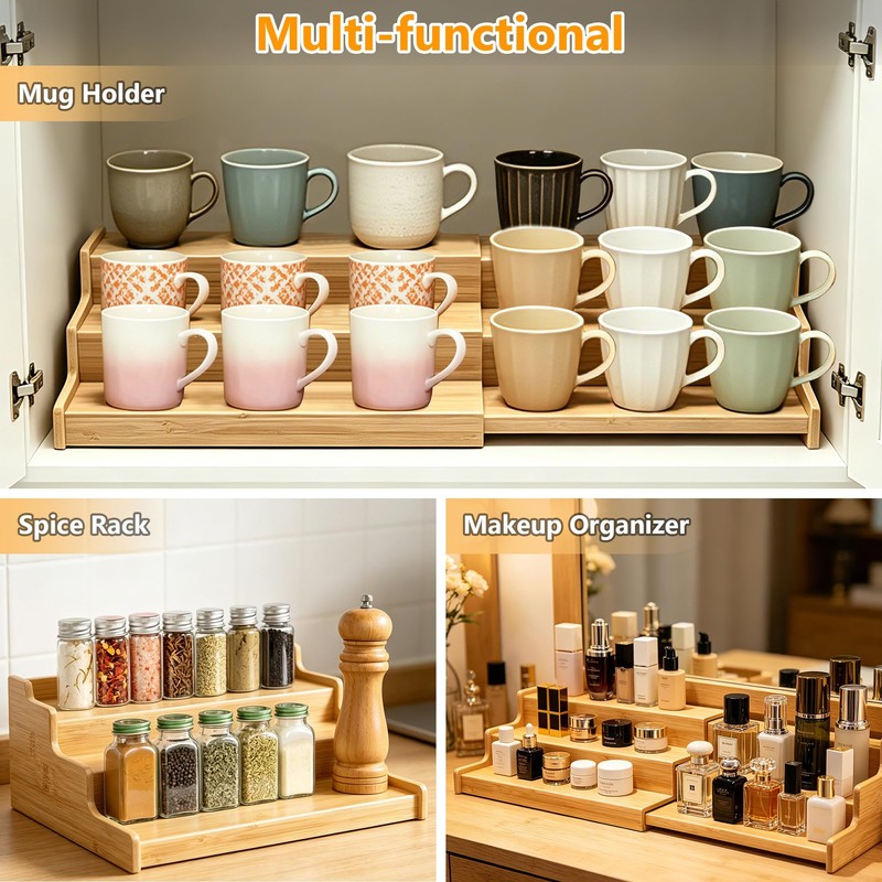 TISTON Expandable Bamboo Can Organizer for Pantry, 3-Tier Adjustable Pantry