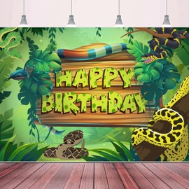 Reptile Snake Happy Birthday Banner Backdrop Jungle Wild Party Banner Decorations for Kids Safari Animals Snake Themed Photo Photography Prop Booth Background Supplies 70.87x47.24in-BECKTEN