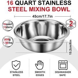 FillTouch 2 Pack Large Mixing Bowl Oversized All Purpose 304 Stainless Steel Polished Mirror Flat Base Metal Bowl for Home or Commercial Prepping Baking Mixing Marinating(16 Qt)