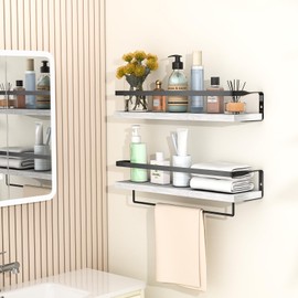 MDCXJXQC Bathroom Shelves with Towel Bar,Floating Shelves for Bathroom, Kitchen, Bedroom, Paulownia Wood, Matte Black Metal Frame - Set of 2 (White)