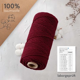 goldmariechen® Premium Macrame Yarn (Burgundy) | 3 mm x 100 m | 100% Cotton | Plastic-Free Packaging | Macrame Cotton Yarn for DIY Crafts