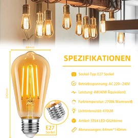 Dahanky Dahanky 8Stck Edison Vintage Glhbirne, E27 4W LED Glhbirne Vintage Antike Glhbirne, LED Lampe Warmwei? 2700K 470LM Licht Beleuchtung fr Nostalgie Haus Caf Bar Restaurant