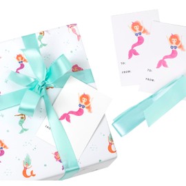 Itsy Belle Studio Mermaid Wrapping Paper Sheets with ribbon and tags – Under the Sea Gift Wrap for Girls' Birthday, Baby Shower, & Mermaid Party Decorations – Ocean Themed Set for Kids – 3 Folded flat Sheets (Large Size)